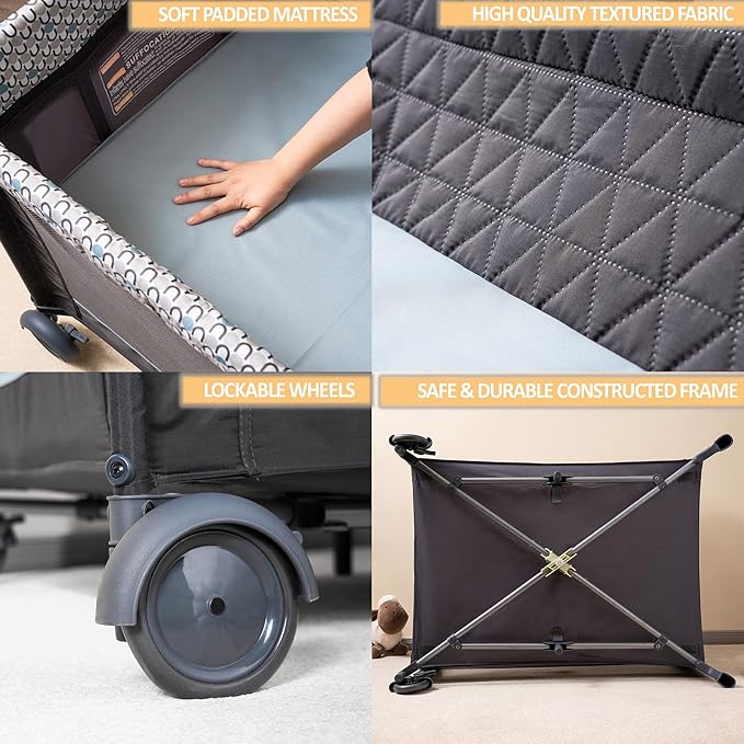 5 in 1 Multifunctional Pack and Play,Qutanix Foldable Baby Crib with Bassinets,Changing Table,Newborn Napper with Canopy,Diaper Stacker,Baby Playpen for Babies and Toddlers