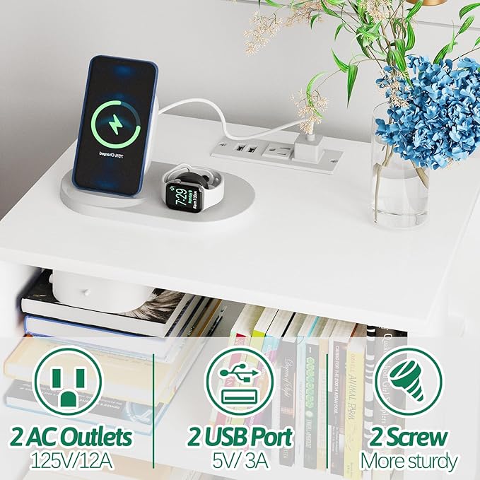 Night Stand with Charging Station, White Kids Nightstand with Drawer, 3-Tier Nursery Bedside Table with USB Ports and Outlets, End Table for Small Space, Living Room, Bedroom