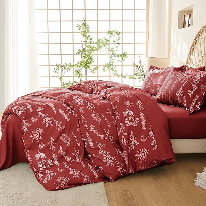 MUXHOMO Duvet Cover Full Size, Reversible Floral Terracotta Duvet Cover Set with Zipper Closure, 3 Pieces Botanical Patterns Soft Microfiber Bedding Set with 4 Ties (80"x90", 2 Pillow Cases)