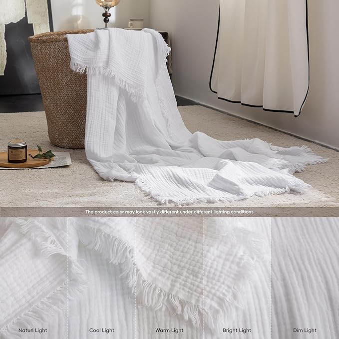 FOSSA Muslin Blanket with Fringe - 4-Layer 100% Cotton Gauze Super Soft & Breathable Throw -Lightweight Decorative Cooling Blanket for Bed, Sofa, Office (Bright White, King (104" × 90"))