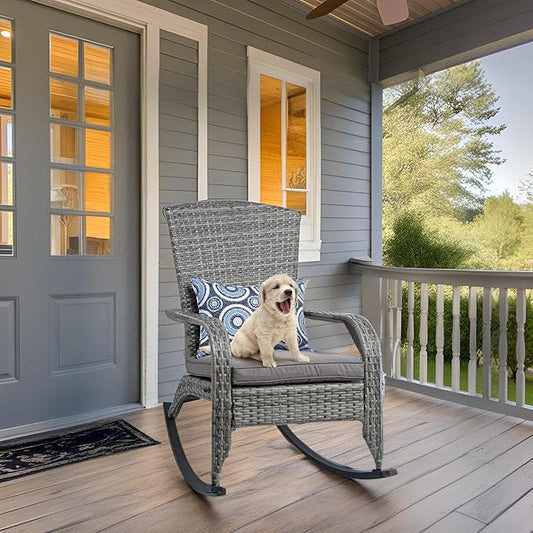 Outdoor Rocking Chair- Rattan Patio Rocker Chairs with Cushions and Steel Frame- All Weather Outdoor Rocker Chair with 2 Replaceable Cushion Covers (Blue & Grey), 320lbs