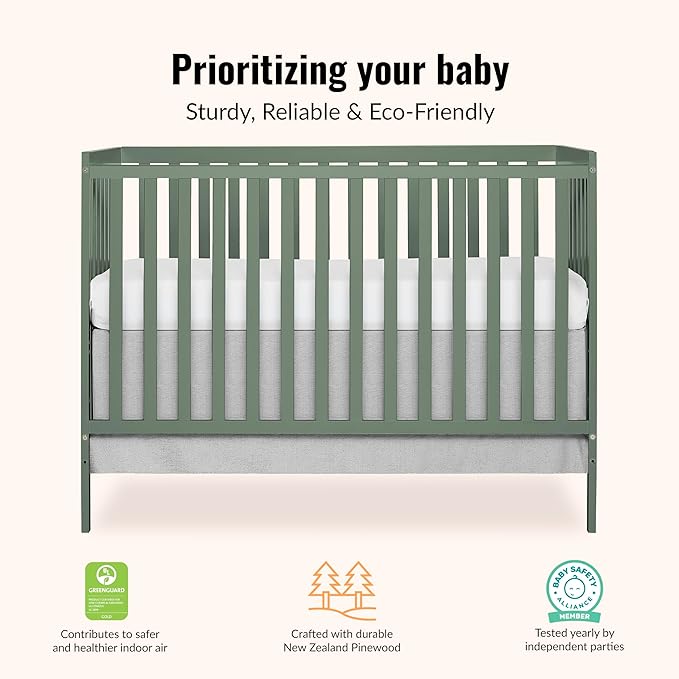 Dream On Me Synergy 5-in-1 Convertible Full-Size Baby Crib with Toddler, Day & Full Bed Conversion in Meadow Green, GreenGuard Gold & JPMA, 3 Mattress Heights, Sustainable Pinewood