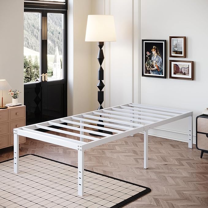 18 Inch Twin Bed Frame Heavy Duty No Box Spring Needed Metal Platform with Maximum Storage, Easy Assembly, Noise Free, White