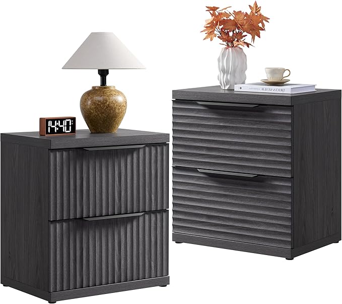 SICOTAS Fluted Night Stand Set 2 - Modern Nightstand with 2 Large Drawers, 22 Inch Wide Bedside Table for Bedroom, Mid Century Bed Side Tables Bedroom, Dark Grey Alder