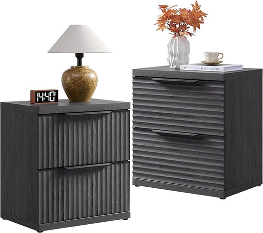 SICOTAS Fluted Night Stand Set 2 - Modern Nightstand with 2 Large Drawers, 22 Inch Wide Bedside Table for Bedroom, Mid Century Bed Side Tables Bedroom, Dark Grey Alder