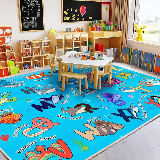 Kids Rugs for Playroom, 7x9 Feet Educational Rug for Learn The ABC Alphabet, Soft Machine Washable Non-Slip Cute Marine Organisms Carpet for Classroom Toddler Nursery Kids Room Decor, Blue