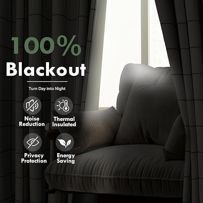 DriftAway 2 Panels 100% Blackout Windowpane Plaid Linen Curtains Double Layer Drapes for Bedroom 63 Inches Long Farmhouse Thermal Insulated 3.25 Inch Rod Pocket Back Tab for Living Room Loden Green