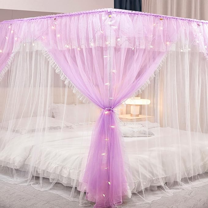 VETHIN 4 Corners Post Ruffle Princess Bed Canopy Curtain-Double Layer Cozy Drape Netting 4 Opening Mosquito Net for Girls Adults Bedroom Decoration (Double-Purple, 64" W*82" L*82"*H/(Queen))