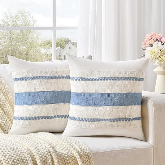Fancy Homi Set of 2 Boho Light Blue Decorative Throw Pillow Cover 16x16 Inch for Couch Bed Sofa, Aesthetic Modern Organic Farmhouse Home Decor, Soft Cotton Cute Accent Macrame Woven Cushion Case