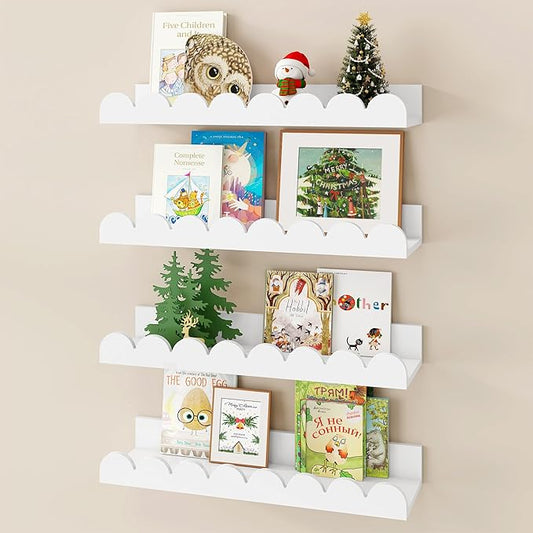 Fun Memories 16 Inch White Picture Ledge Shelf, Scalloped Nursery Book Shelves for Wall, Set of 4, Kids Room, Toddler Room Floating Shelves