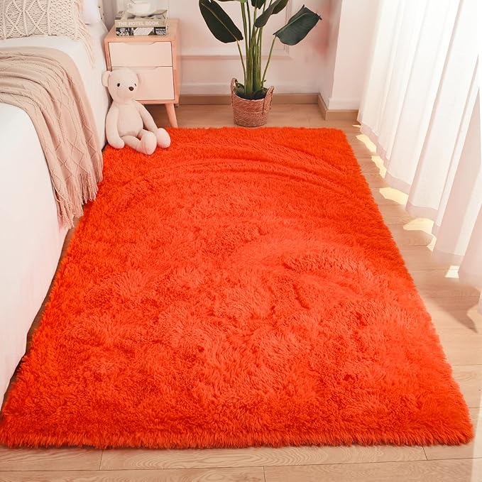 Merelax Soft Modern Indoor Shaggy Area Rug for Bedroom Livingroom Dorm Kids Room Home Decorative, Non-Slip Plush Fluffy Furry Fur Rugs Comfy Nursery Accent Floor Carpet 3x5 Feet, Orange Red