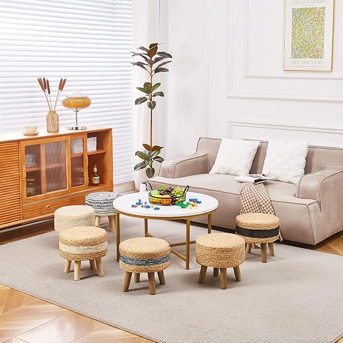 Cpintltr Round Ottoman Natural Seagrass Footstool Hand Weave Water Hyacinth Poufs Eco Friendly Sofa Foot Stool Soft Step Stool Padded Foot Rest with Pine Legs for Living Room (Natural)