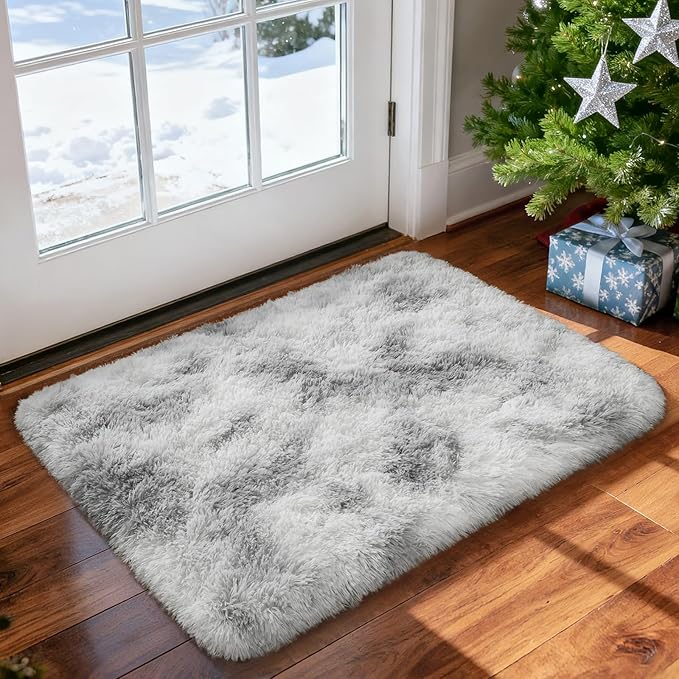 Merelax 2x3 Fluffy Small Soft Area Rugs for Livingroom, Tie-Dyed White Grey Mini Shaggy Throw Rug, Abstract Fuzzy Door Entryway Indoor Inside Front Entrance Dog Mat Accent Home Decor Aesthetic