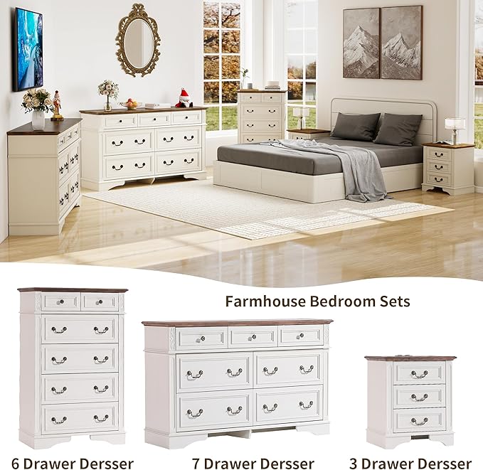 Dresser for Bedroom with 7 Drawers, 55" Wide Dresser for Storage and Organization, Farmhouse Chest of Drawers for Living Room, Closet, Hallway, White