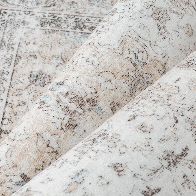5x7 Washable Vintage Area Rug for Living Room Bedroom Beige Grey Soft Tranditional Non Slip Large Throw Rug Lightweight Floral Low Pile Distressed Carpet Laundry Dining Room Kitchen Office