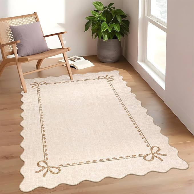 GarveeHome Scalloped Bow Rug for Living Room, Solid Beige Rug for Dorm, Washable Rugs 3x5 Soft Low Pile Non Slip Scalloped Rugs for Nursery Bedroom Decor Hallway Kids Room Playroom