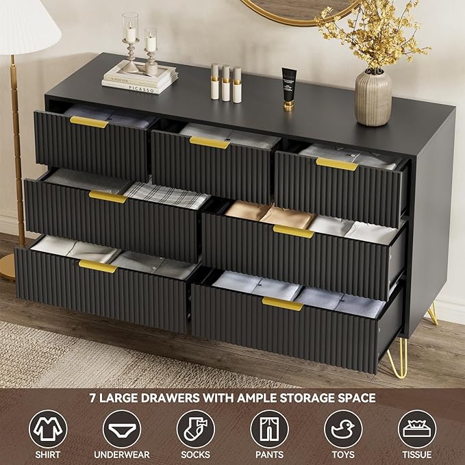 LYNSOM Fluted Dresser for Bedroom, Black 7 Drawer Dresser with Gold Handles and Wide Drawers, Wood Chest of Drawers for Bedroom, Hallway