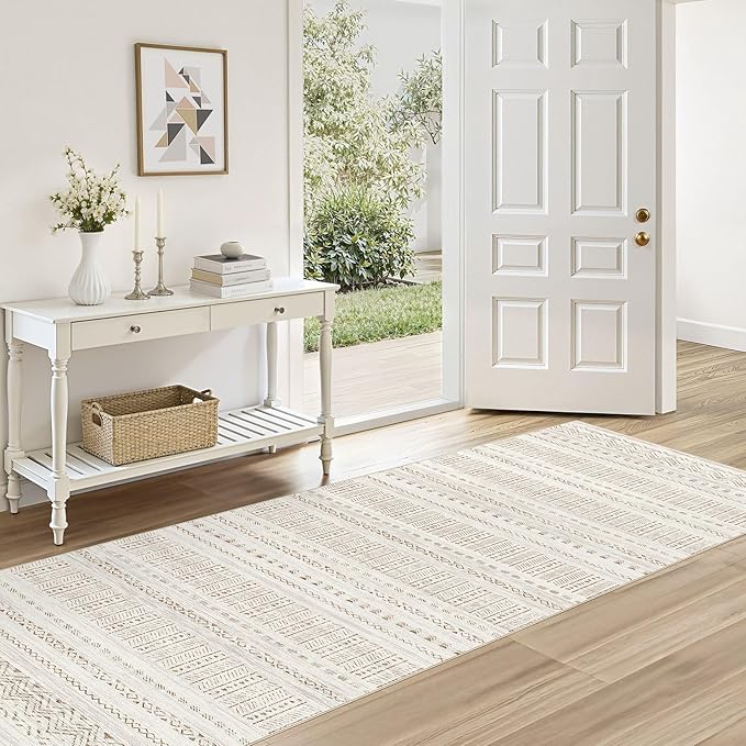 Area Rugs for Living Room Washable Living Room Rug Soft Neutral Indoor Floor Carpet Non-Slip Stain Resistant Modern Boho Rugs for Bedroom Dining Room Kids Room Nursery Office Home Brown Cream