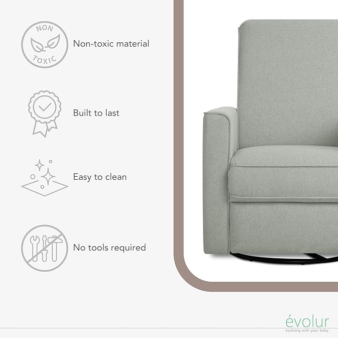 Evolur Harlow Upholstered Power Glider Recliner with USB Charging – Rocking & 360° Swivel with Smooth Glide – Greenguard Gold & FSC Certified – Modern Nursery and Living Room Chair in Light Grey