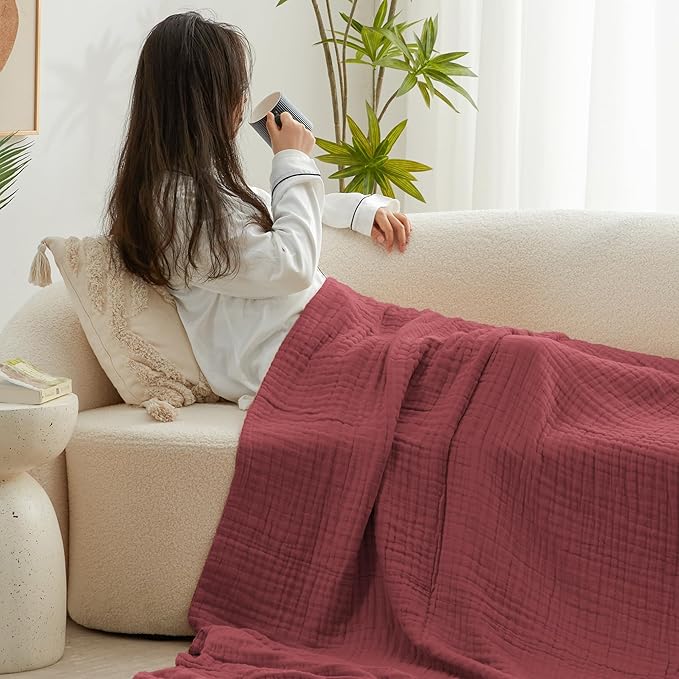 Love's cabin 6 Layer 100% Cotton Muslin Blanket, 60"x80" Twin Muslin Blanket for Couch Bed, Lightweight and Breathable Cotton Gauze for Adult, Wine Red