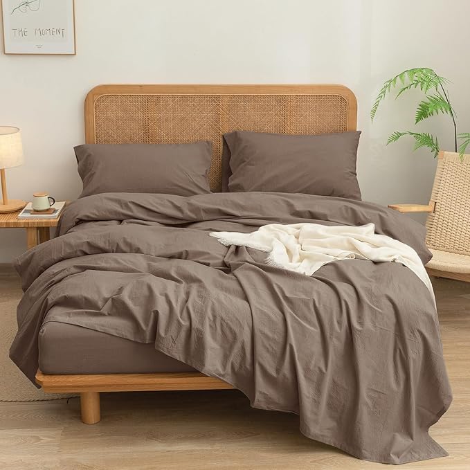 BESTOUCH Sheet Set 100% Washed Cotton Linen Feel Super Soft Comfortable Chic Lightweight 4 Pcs Home Bedding Set Solid Pine Bark Brown Queen
