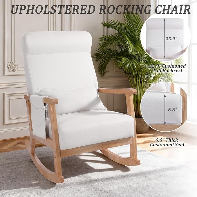 NOBLEMOOD Rocking Chair with Ottoman, Upholstered Nursing Glider Rocker with Side Pocket & Pillow, Comfy High Back Reading Chair with Solid Wood Legs for Nursery/Living Room/Bedroom