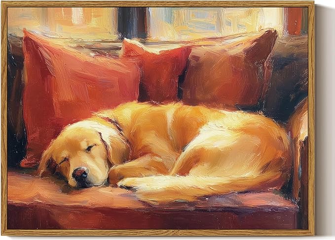 ARPEOTCY Vintage Framed Canvas Wall Art, 12x16inch, Farmhouse Sleeping Dog Wall Decor, Animal Art Prints Home Decorations, Labrador Paintings for Living Room Bedroom Office Decor