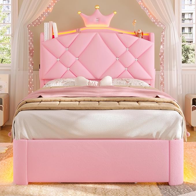 MSmask Twin LED Bed Frame with Storage Headboard & Drawer, Princess Upholstered Bed with Charging Station & Crystal Button & Crown, Velvet Platform Bed for Girls, Solid Wood Slats, Curved Legs, Pink