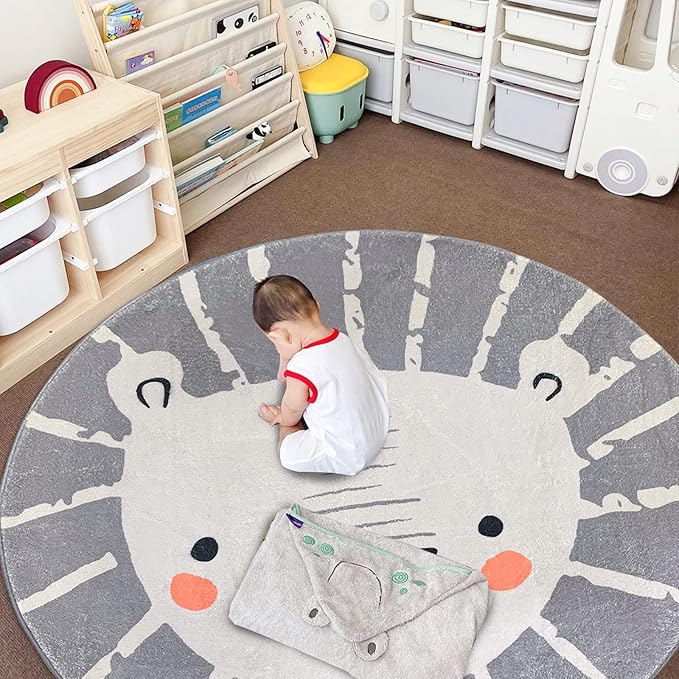 ABREEZE Large Round Kids Play Mat 5.3ft,Lion Nursery Rug Fluffy Faux Wool Kids Rug Soft Plush Non-Slip Childrens Carpet for Bedroom Living Room Playroom,Grey