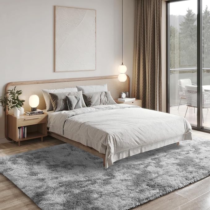 Merelax Soft Modern Indoor Large Shaggy Rug for Livingroom Bedroom Dorm Kids Room Home Decorative, Non-Slip Plush Fluffy Furry Fur Area Rugs Comfy Nursery Floor Carpet 9x11 Feet,Tie-Dyed Light Grey