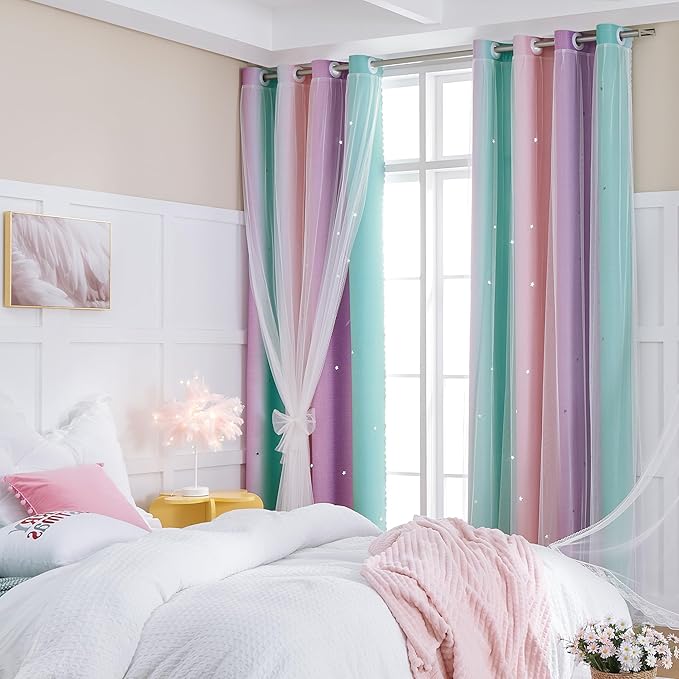 XiDi Curtains for Girls Bedroom Kids Room 2 Panels Colorful Rainbow Star Blackout Curtains Unicorn Wall Decor Cute Mermaid Princess 34 Inches Wide 79 Inches Long Grommet Drapes Pink Purple Green