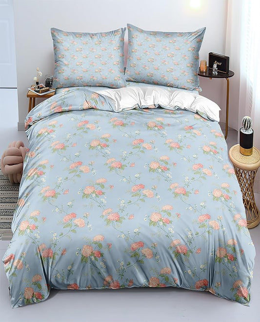 Pink Flower Duvet Cover Set Queen 3 Pieces Girls Bedding Set Floral Comforter Cover with Zipper Closure,Vintage Country Bedding-90x90