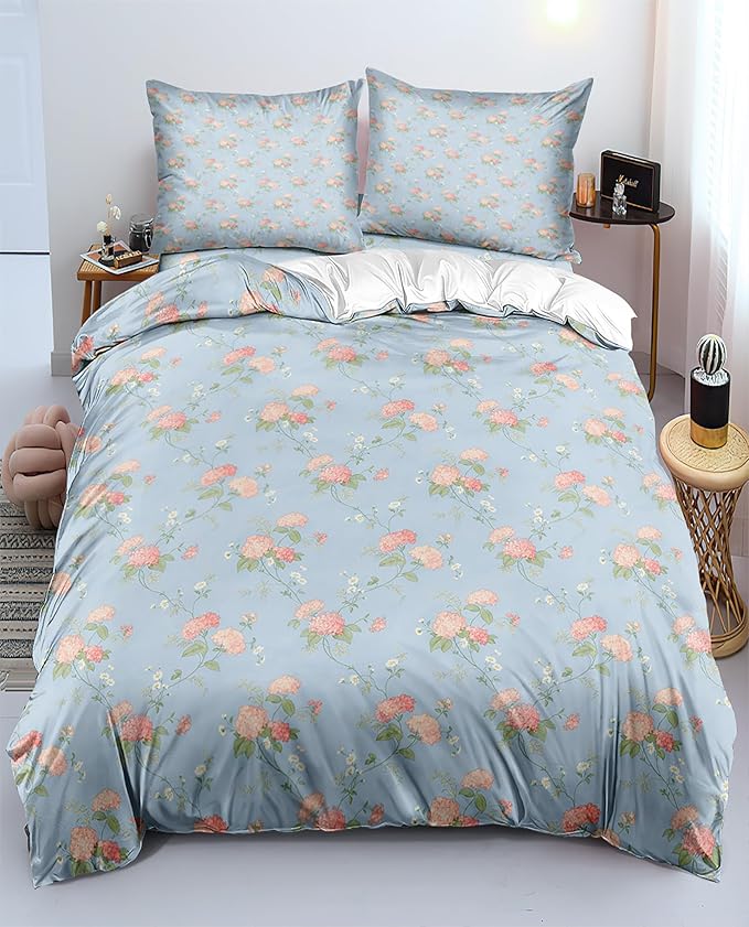 Pink Flower Duvet Cover Set Twin 3 Pieces Girls Bedding Set Floral Comforter Cover with Zipper Closure,Vintage Country Bedding-68x86