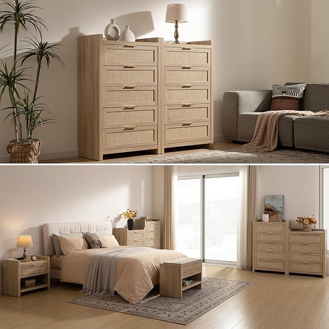 SICOTAS Dresser for Bedroom Chest of Drawers 46" Tall Dresser for Closet with 5 Rattan Drawers Boho Night Stand Large Clothes Storage Cabinet for Living Room Hallway Nursery Entryway
