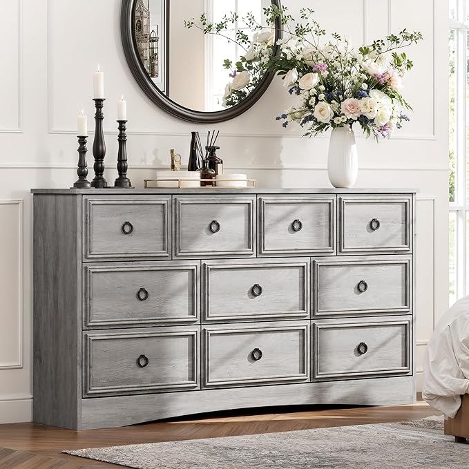 Grey 10 Drawer Dresser, 59" Large Dresser for Bedroom, Wood Chest of Drawers, TV Stand for 70 inch TV, Rustic Storage Dressers Organizer for Bedroom, Hallway