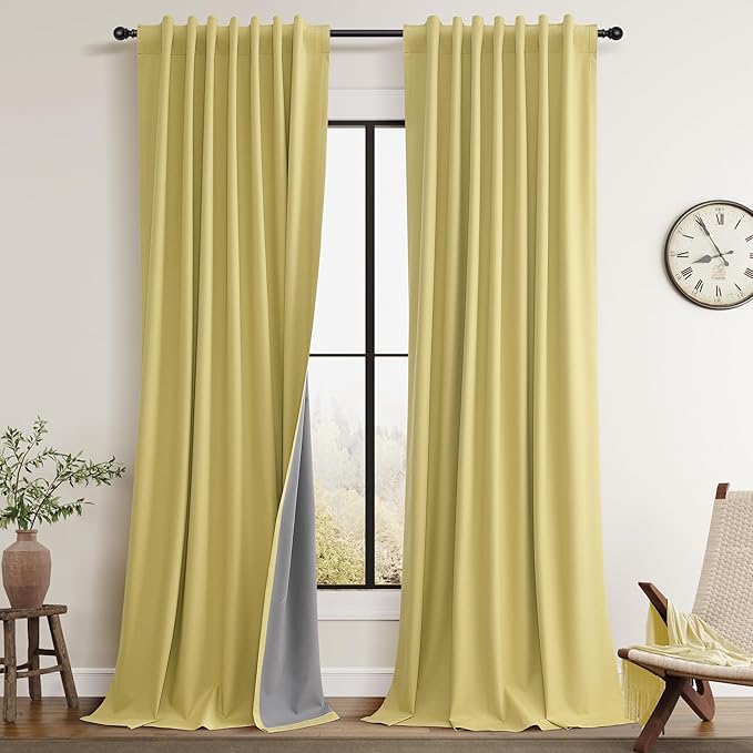 Guken Yellow Linen 100% Blackout Curtains 108 Inches Long for Living Room 2 Panels Set Textured Black Out Thermal Insulated Privacy Drapes for Room Divider Back Tab Sliding Door Backdrop Drapes 52x108