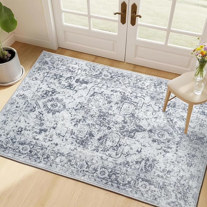 Area Rug 2x3, Washable Rug for Entryway Indoor, Small Area Rug for Living Room Entrance, Vintage Rug for Bedroom Doormat, Non Slip Soft Low Pile Carpet for Kitchen, Hallway, Office, Grey