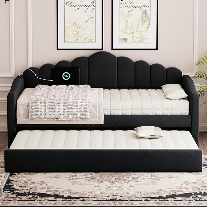 Bellemave Twin Size daybed Frame with Trundle for Adults, Kids, Girls, Teens, daybeds with Trundle for Living Room, Velvet, (Mattress not Included), Blcak