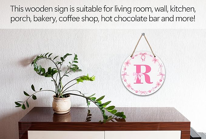 Monogram Round Sign For Front Door, Cherry Bow Theme Sign For Porch Art Wall Door, Initial Signs Hanging Ornament For Indoor Outdoor, Decorations Gifts For Four Seasons Rustic Home Kitchen, R, A18