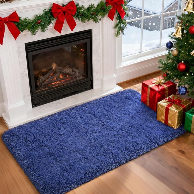 Merelax Modern Soft Fluffy Small Shaggy Rug for Bedroom Livingroom Dorm Kids Room Indoor Home Decorative, Non-Slip Plush Furry Fur Area Rugs Comfy Nursery Accent Floor Carpet 2X4 Feet, Light Navy