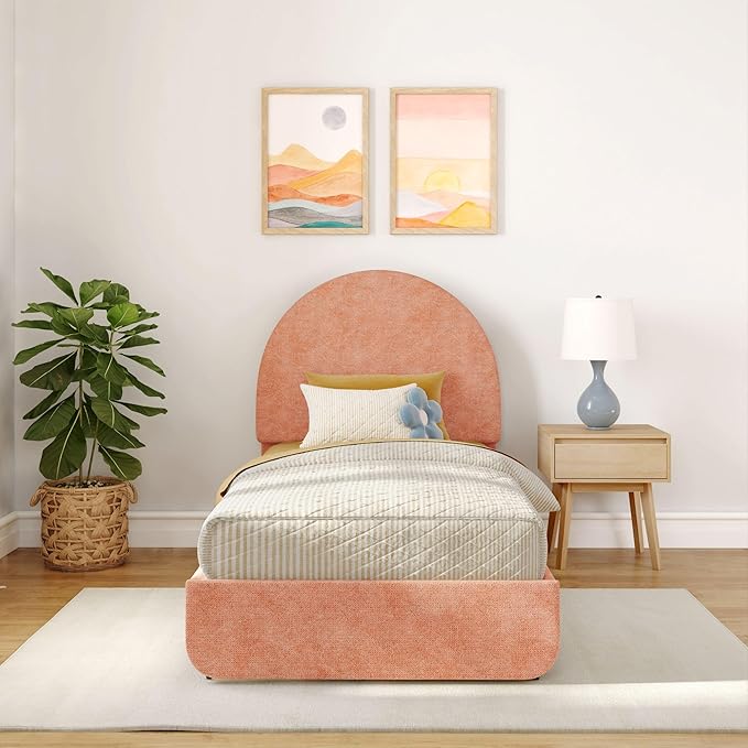 Max & Lily Upholstered Twin Bed Frame with Arch Headboard, Upholstered Platform Bed for Kids, No Box Spring Needed, Easy Assembly, Dusty Rose