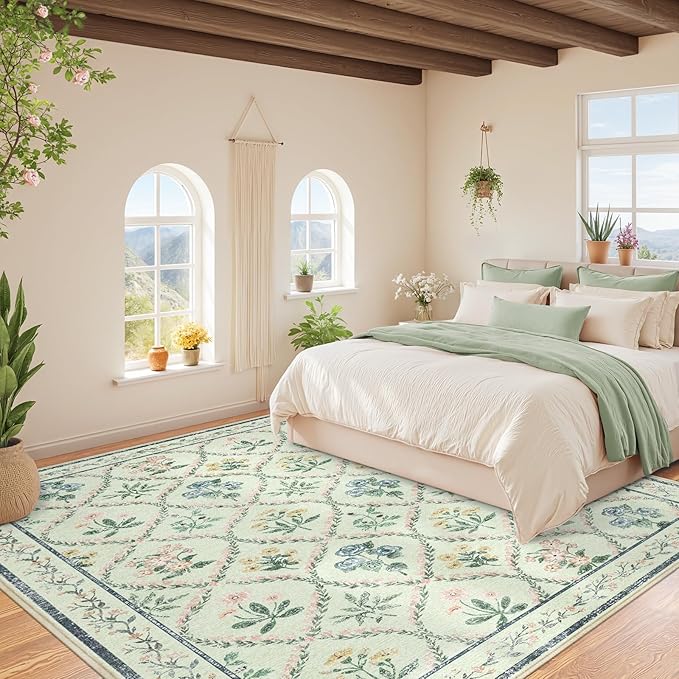 8x10 Washable Rug for Living Room,Green Floral Rugs for Bedroom,Boho Large Non Slip Ultra-Thin Distressed Farmhouse Carpet for Kids Playroom, Classroom, Girls Dorm, Nursery, Green Mult