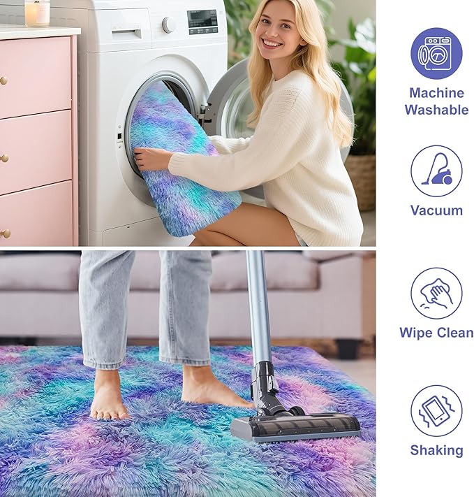 Tie-Dyed Purple Blue Rainbow Kids Rug for Bedroom, 3x5 Fluffy Fuzzy Area Rugs for Girls Room Dorm, Indoor Shaggy Living Room Carpet, Cute Soft Shag Playing Mat for Baby Nursery Playroom