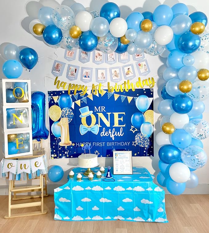 Baby Boy 1st Birthday Decorations, 1st Birthday Boy Decorations, Baby First Bday Party Supplies, Balloon Boxes, Backdrop, High Chair Banner, Crown, Photo Banner, Balloon Garland for One Year Old