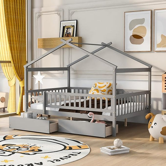 Merax Full Size Wooden House Bed with Two Drawers, Wood Bed Frame with Roof and Safety Guardrail for Kids, Teens, Boys or Girls, Gray