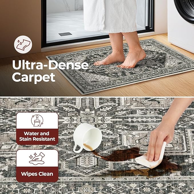 WITSHOCK Indoor Door Rug, Entrance Mat 2x3 Machine Washable Non Slip Backing Mat Soft Foldable,Vintage Rugs Mats, Inside Floor Door Carpet, Bitter Black