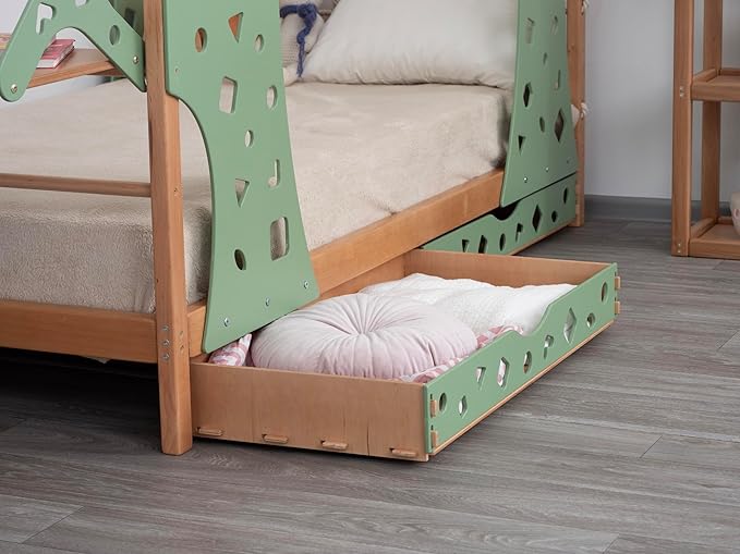 BUSY WOOD Monkey Bed – Twin Frame with Storage & Removable Table – Montessori Indoor Playground – Jungle Gym Furniture for Kids – Toddler Sleeping Frame with 2 Drawers