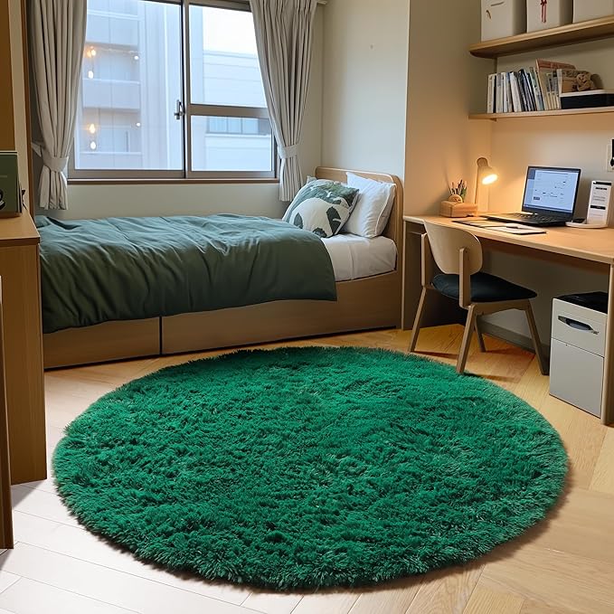 ONASAR Dark Green Round Area Rug 4x4, Soft Bedroom Circle Rugs for Kids Girls Teen Room, Cute Furry Plush Shaggy Carpet for Baby Nursery Living Room Playroom Dorm Christmas Home Decor