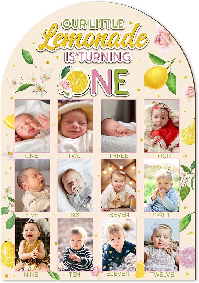 R HORSE My First Year Photo Display Wood Board - Baby’s First Year Picture Frame, 12 Months Milestone Board, 3D Lemon Neutral Baby Keepsake Gift One Year Old Birthday Nursery Decor for Girl Boy