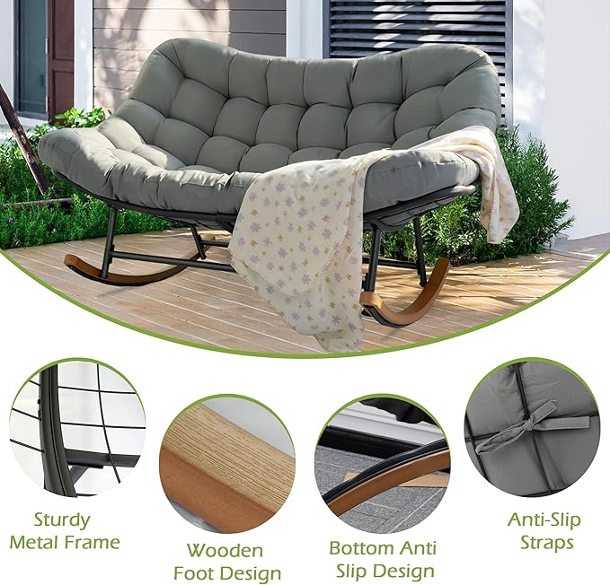 Double Papasan Rocking Chair for Outdoor & Indoor, 660LBS Capacity Oversized Patio Rocking Chair for 2-Person with Cushion and Frame,Comfortable Rocker for Garden, Deck, Living Room,Grey